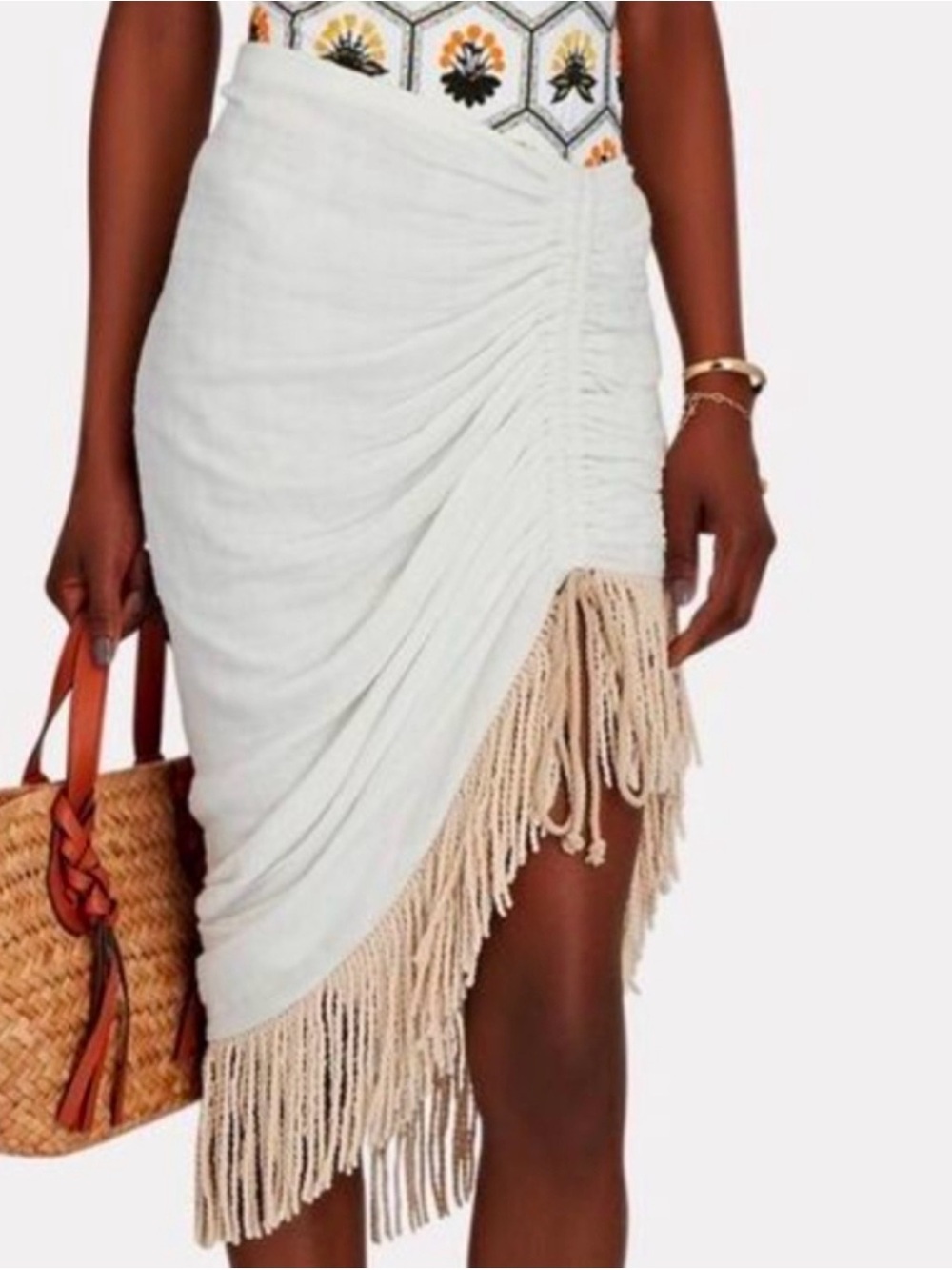 Asymmetrical White Ruched Fringe Skirt